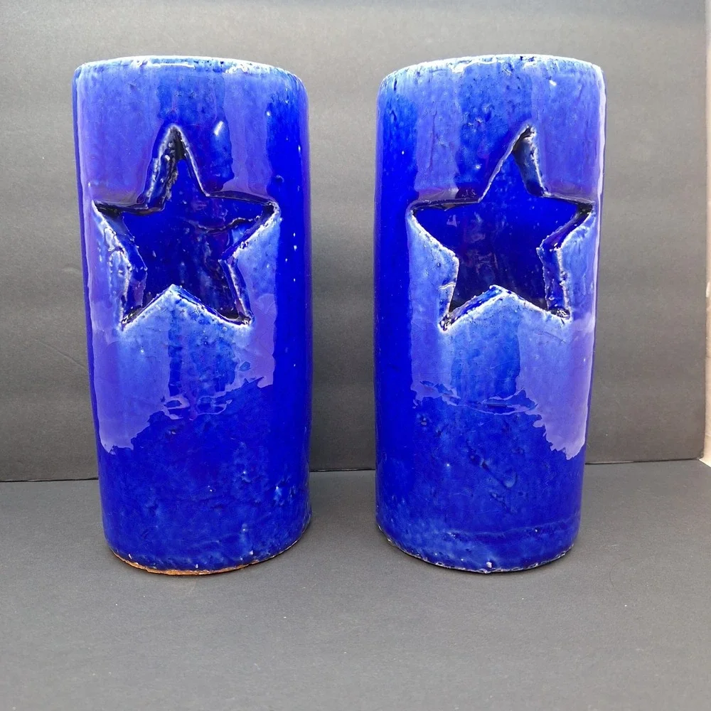 X2 Celestial Blue Star Cut Outs Art Pottery Luminary Tea Light Votive Holder Set